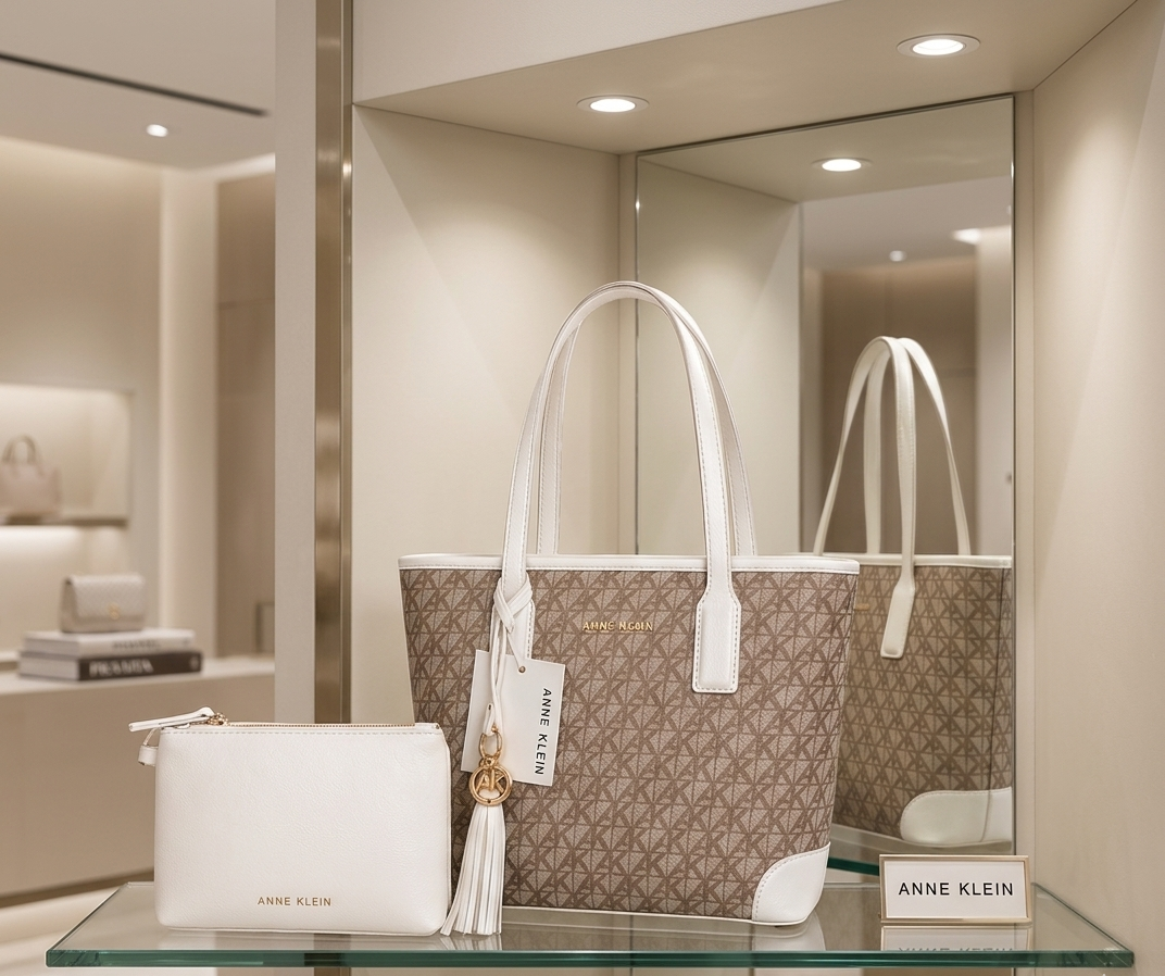 Set de Bolsos Anne Klein Bolsa Tote Monograma Beige/Blanco | Dije Gold - Cosmetiquera