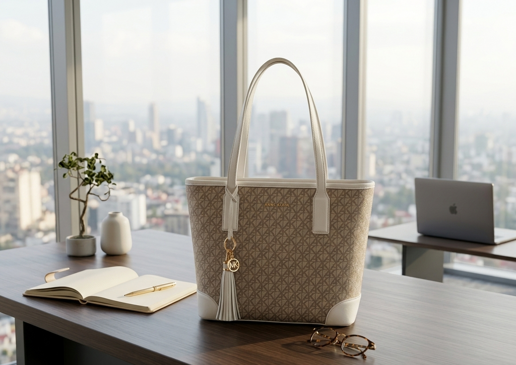 Set de Bolsos Anne Klein Bolsa Tote Monograma Beige/Blanco | Dije Gold - Cosmetiquera