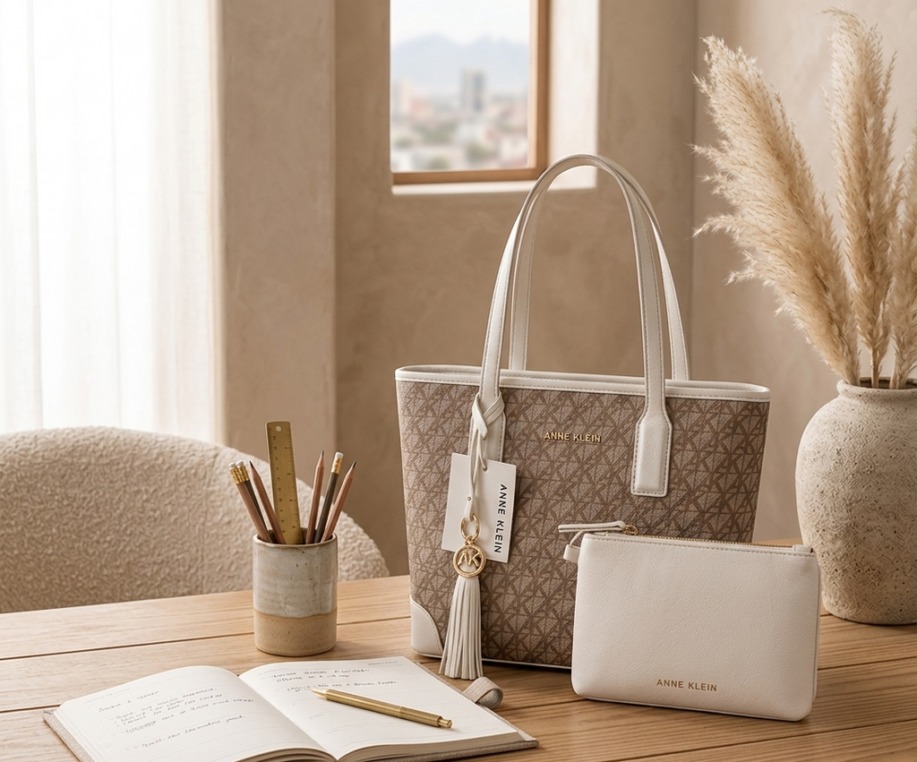 Set de Bolsos Anne Klein Bolsa Tote Monograma Beige/Blanco | Dije Gold - Cosmetiquera