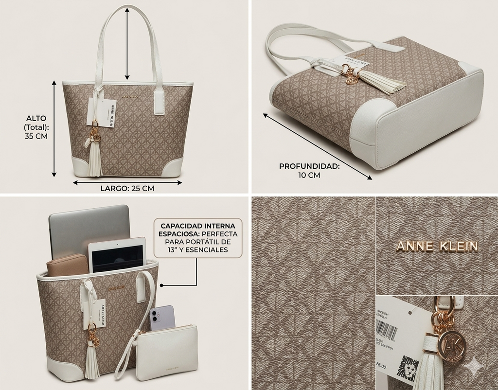Set de Bolsos Anne Klein Bolsa Tote Monograma Beige/Blanco | Dije Gold - Cosmetiquera