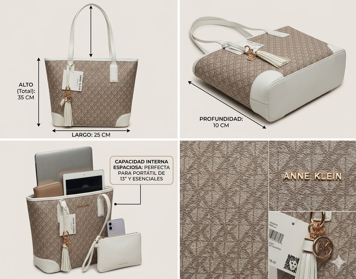 Set de Bolsos Anne Klein Bolsa Tote Monograma Beige/Blanco | Dije Gold - Cosmetiquera