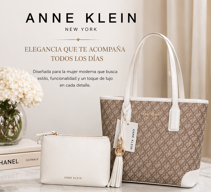 Set de Bolsos Anne Klein Bolsa Tote Monograma Beige/Blanco | Dije Gold - Cosmetiquera