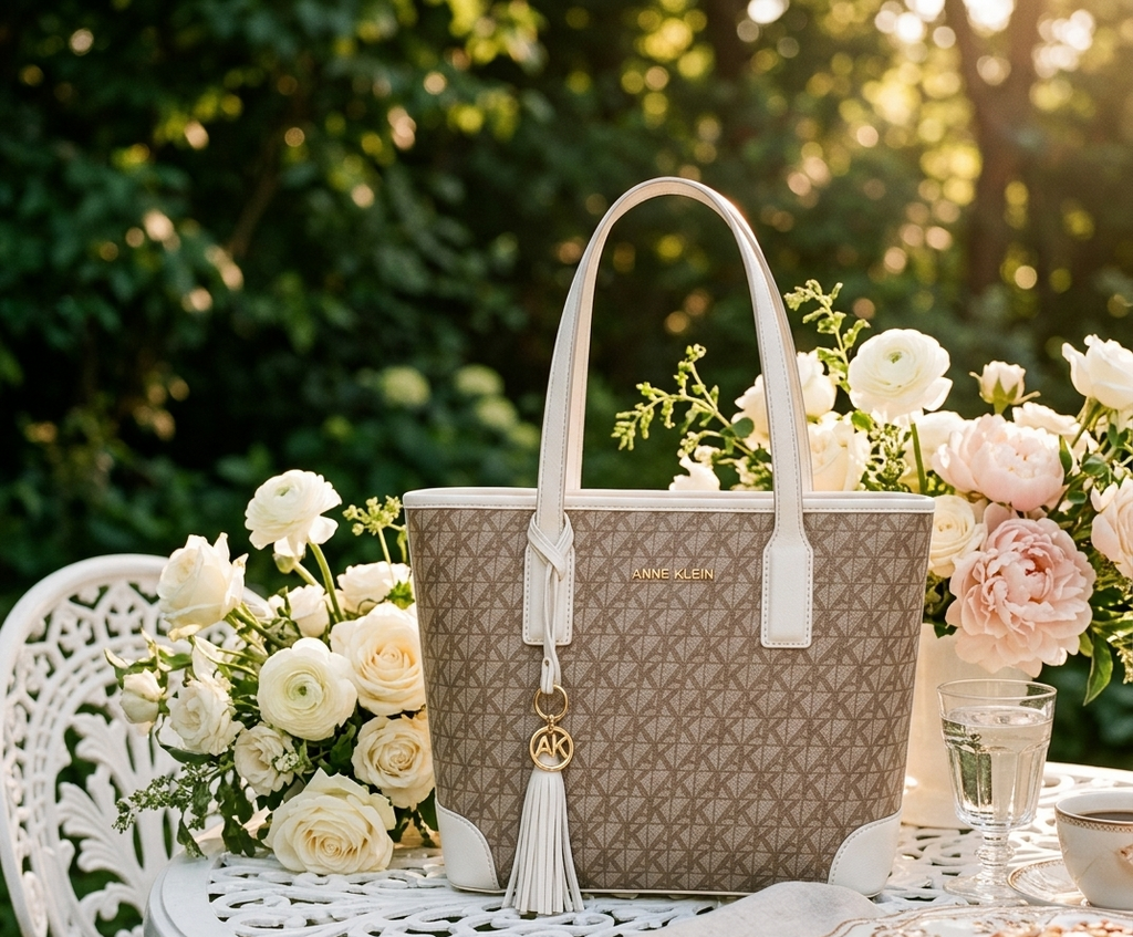 Set de Bolsos Anne Klein Bolsa Tote Monograma Beige/Blanco | Dije Gold - Cosmetiquera