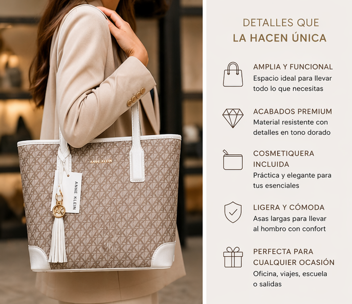 Set de Bolsos Anne Klein Bolsa Tote Monograma Beige/Blanco | Dije Gold - Cosmetiquera