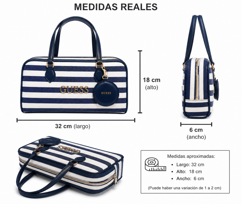 Bolsa Guess Satchel Rayas Azul Marino Para Dama