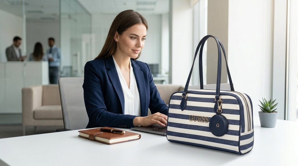 Bolsa Guess Satchel Rayas Azul Marino Para Dama