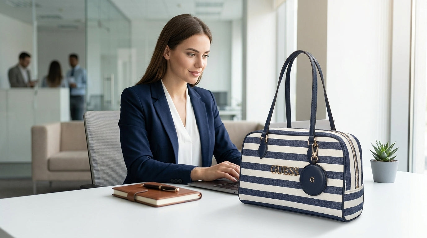 Bolsa Guess Satchel Rayas Azul Marino Para Dama