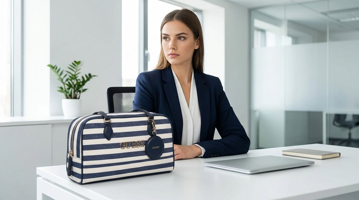 Bolsa Guess Satchel Rayas Azul Marino Para Dama
