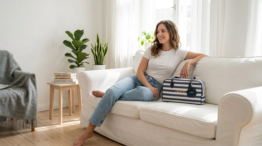 Bolsa Guess Satchel Rayas Azul Marino Para Dama