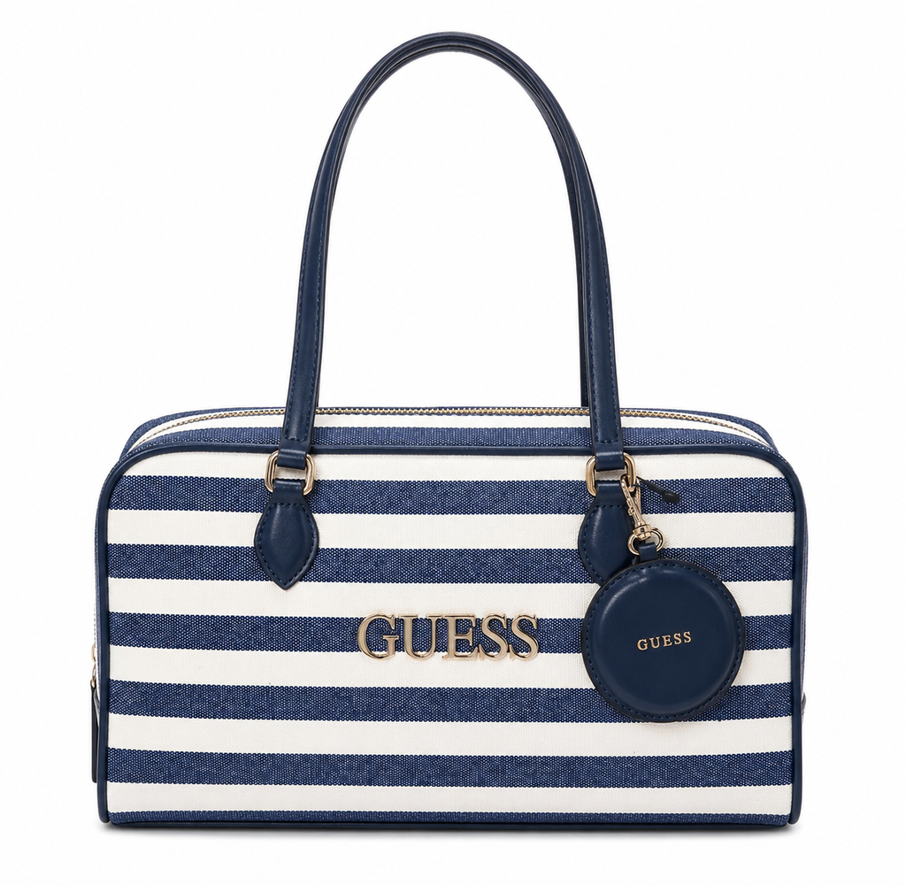 Bolsa Guess Satchel Rayas Azul Marino Para Dama