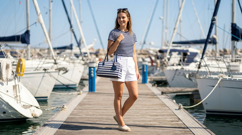 Bolsa Guess Satchel Rayas Azul Marino Para Dama