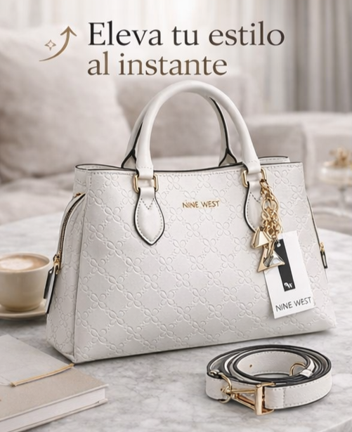 Bolsa Nine West Tote Luxe Blanca Dorada | Cuero Vegano con Relieve Floral | Original