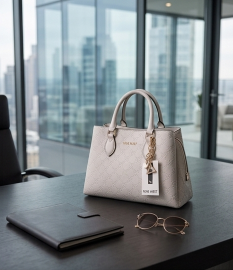 Bolsa Nine West Tote Luxe Blanca Dorada | Cuero Vegano con Relieve Floral | Original