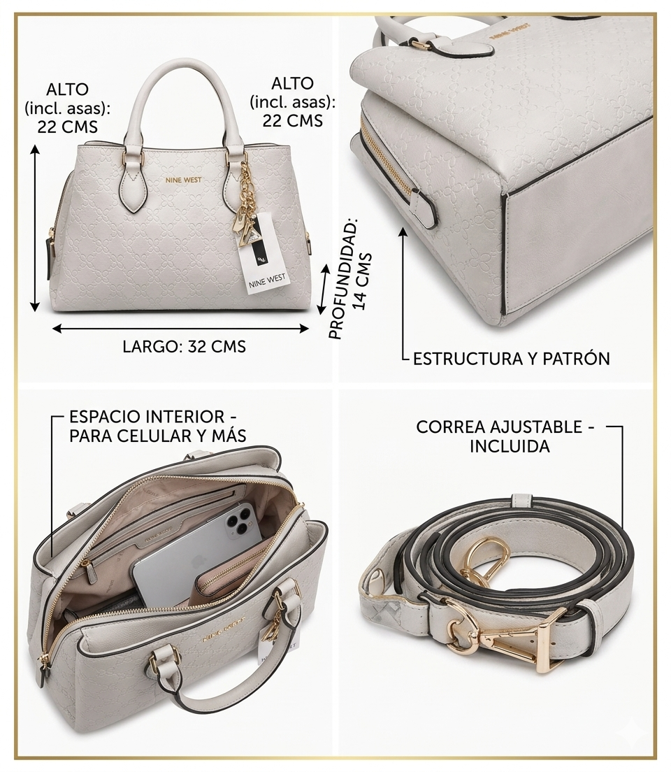 Bolsa Nine West Tote Luxe Blanca Dorada | Cuero Vegano con Relieve Floral | Original