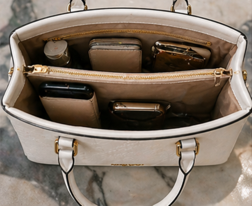 Bolsa Nine West Tote Luxe Blanca Dorada | Cuero Vegano con Relieve Floral | Original