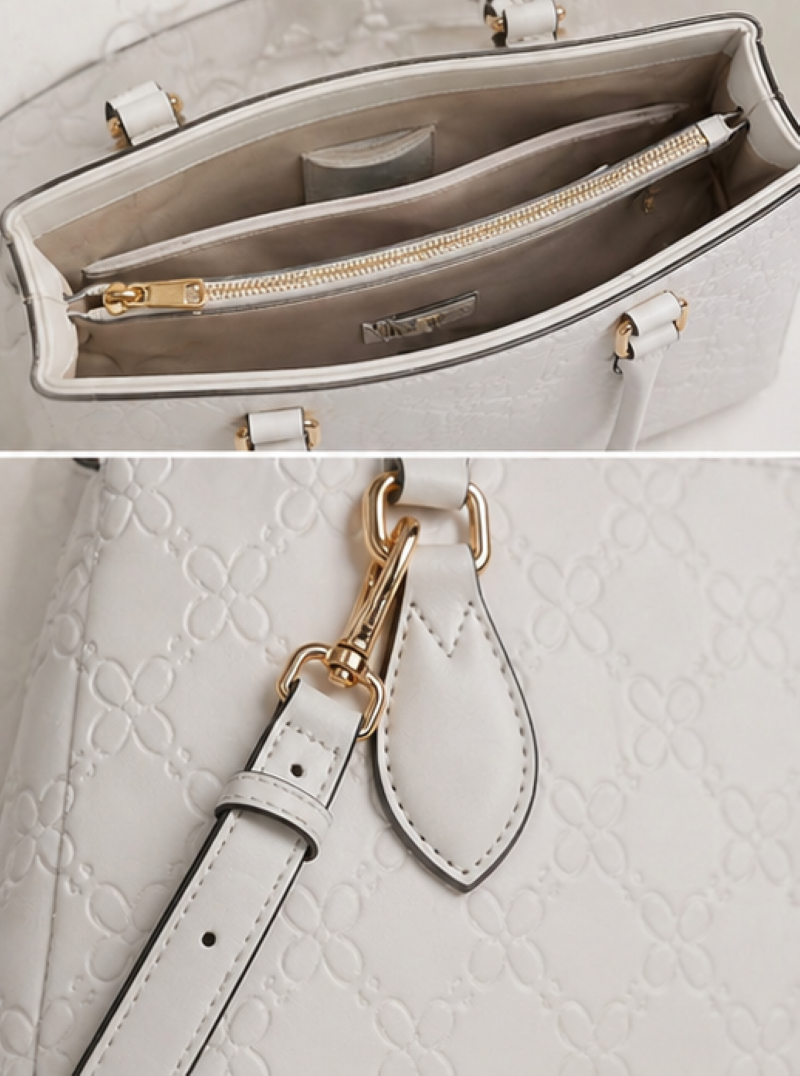 Bolsa Nine West Tote Luxe Blanca Dorada | Cuero Vegano con Relieve Floral | Original