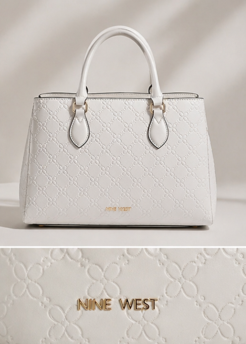 Bolsa Nine West Tote Luxe Blanca Dorada | Cuero Vegano con Relieve Floral | Original