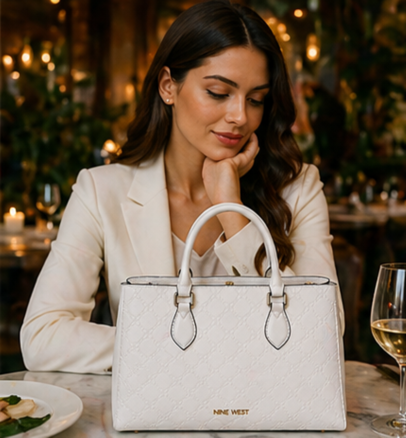 Bolsa Nine West Tote Luxe Blanca Dorada | Cuero Vegano con Relieve Floral | Original