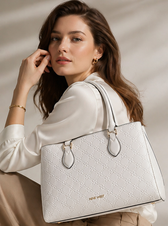 Bolsa Nine West Tote Luxe Blanca Dorada | Cuero Vegano con Relieve Floral | Original