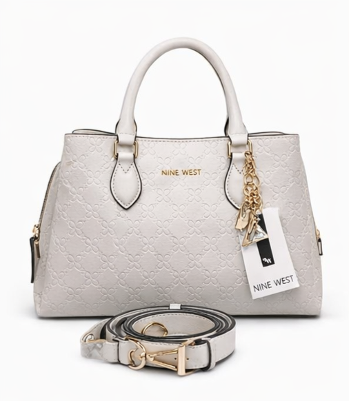 Bolsa Nine West Tote Luxe Blanca Dorada | Cuero Vegano con Relieve Floral | Original
