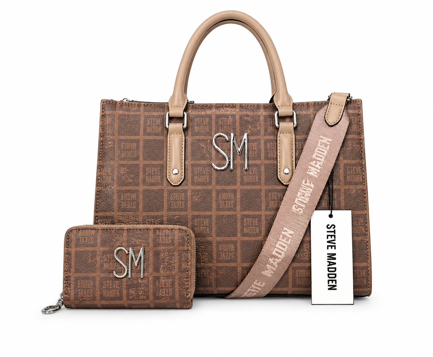 Steve Madden Set Bolsa + Cartera Café Monograma SM | Silver