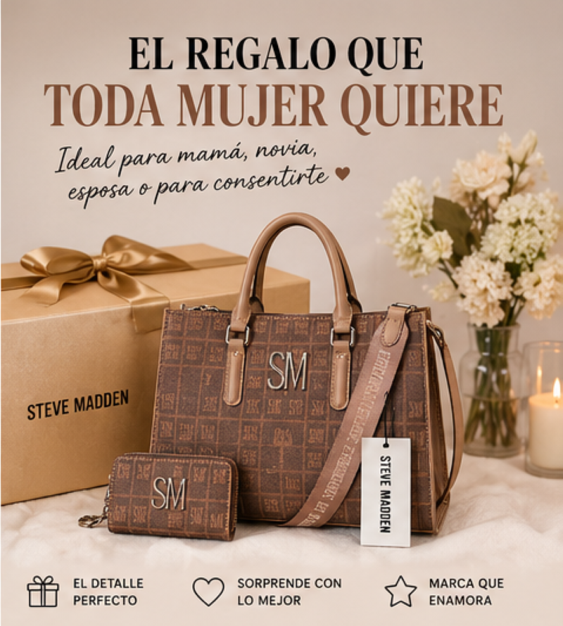 Steve Madden Set Bolsa + Cartera Café Monograma SM | Silver