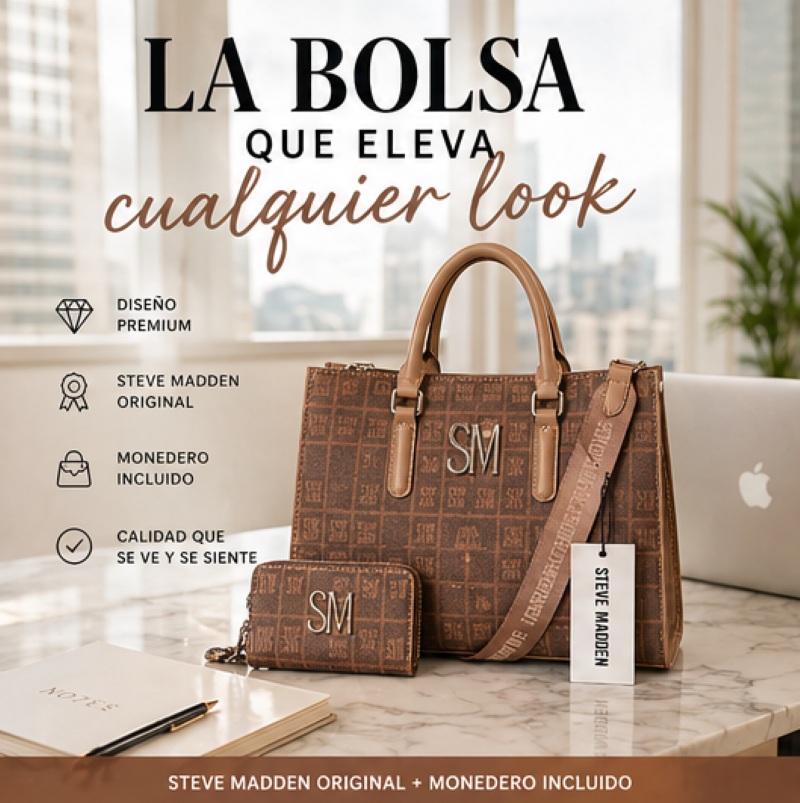 Steve Madden Set Bolsa + Cartera Café Monograma SM | Silver