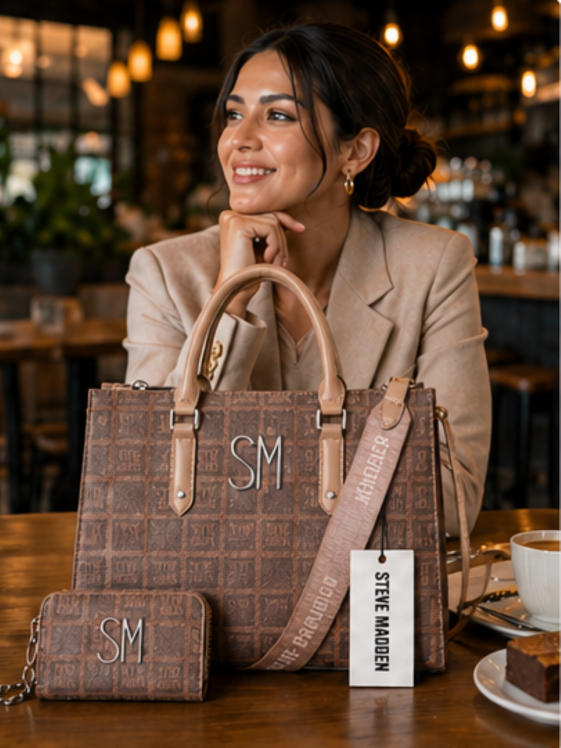 Steve Madden Set Bolsa + Cartera Café Monograma SM | Silver