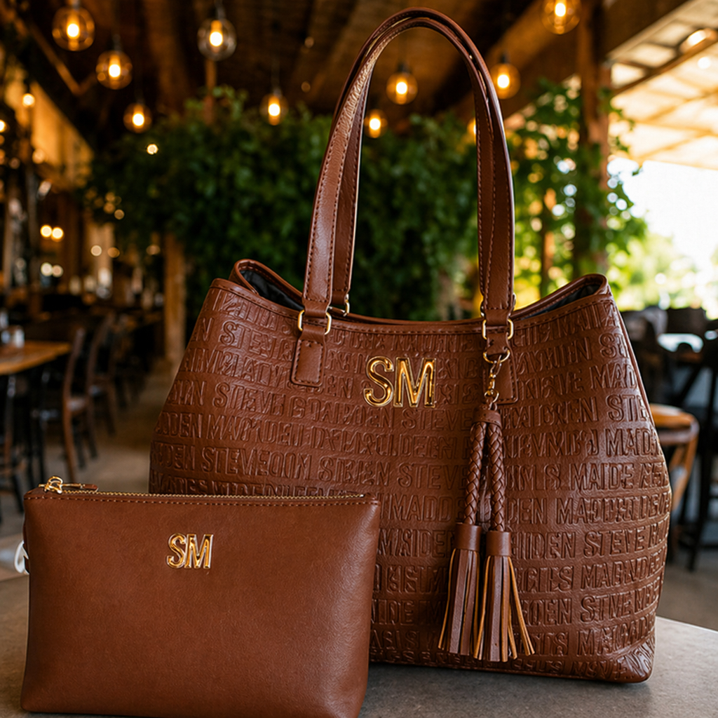 Steve Madden Set Tote + Cosmetiquera Camel | Grabado SM Gold
