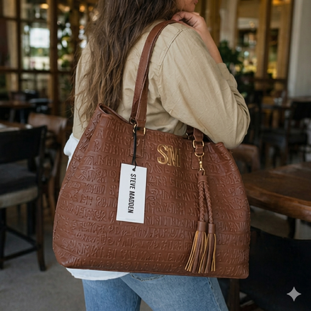 Steve Madden Set Tote + Cosmetiquera Camel | Grabado SM Gold