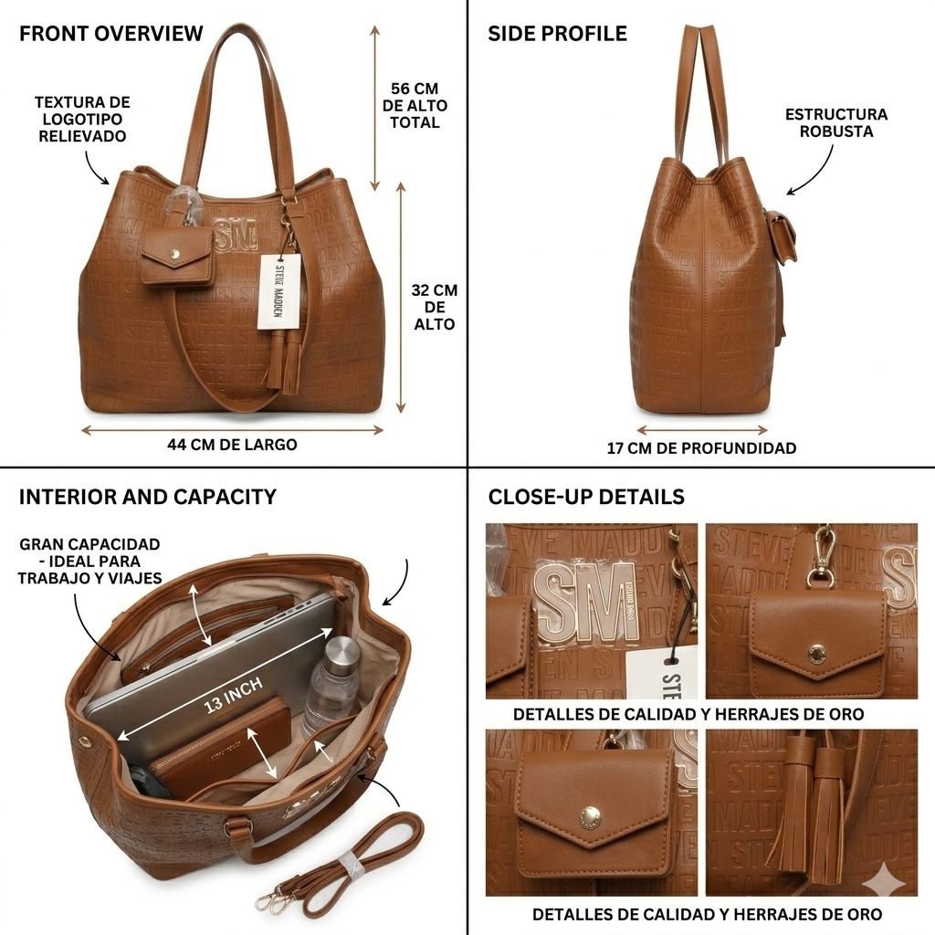 Steve Madden Set Tote + Cosmetiquera Camel | Grabado SM Gold
