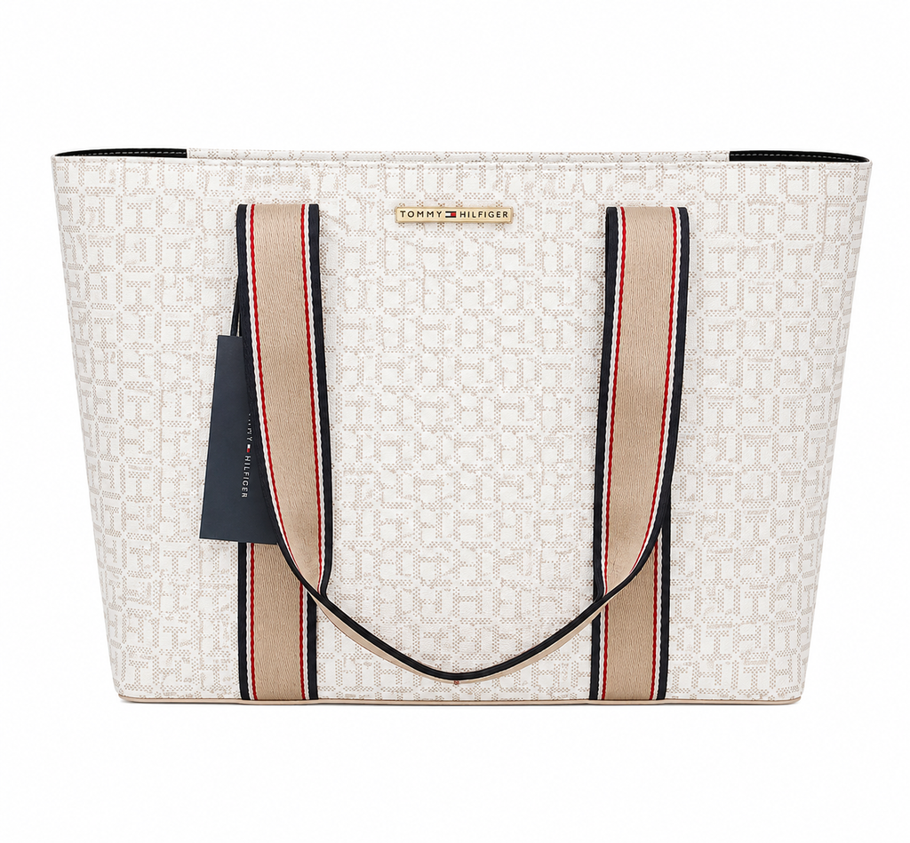 Bolso Tote Tommy Hilfiger Beige Monograma Grande Elegante